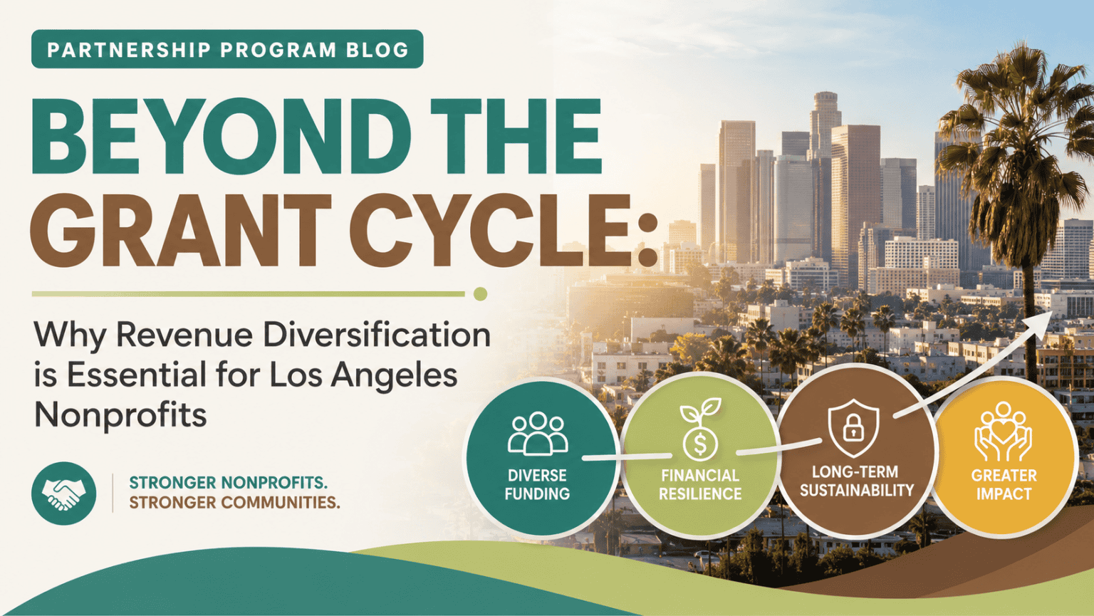 Los Angeles skyline graphic highlighting revenue diversification, financial resilience, long-term sustainability, and greater impact for nonprofits.